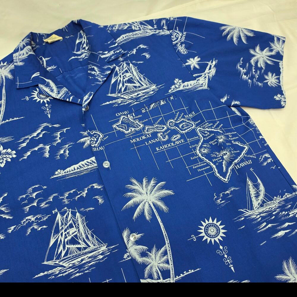 Royal Creations Hawaii Aloha Shirt Mens L Blue Island Map Camp Collar MadeHawaii